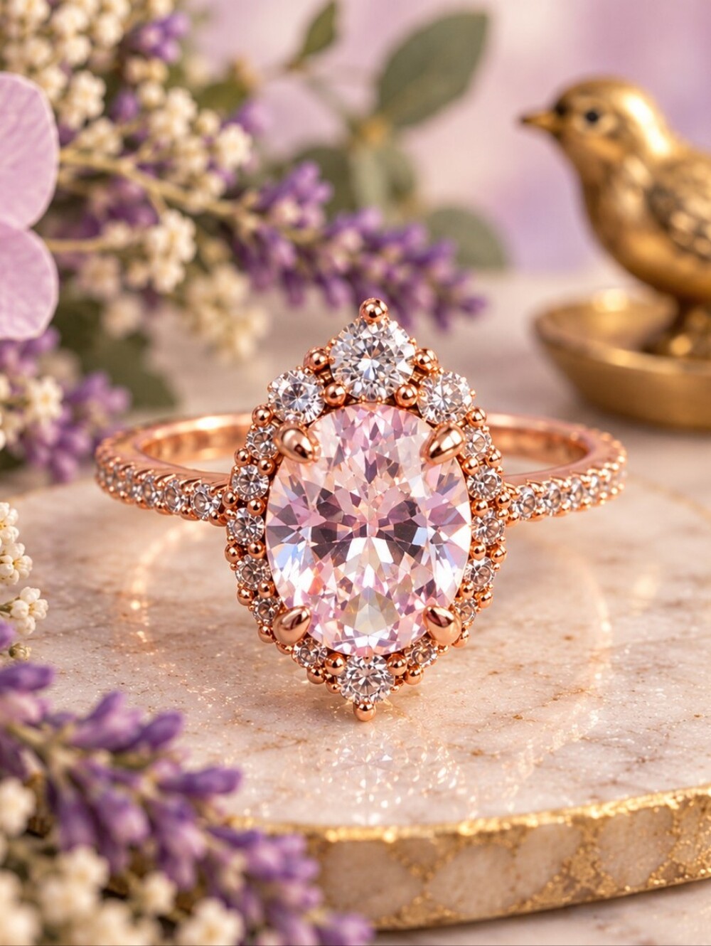 Rose Gold Oval Halo Engagement Ring with Pink-Clear Center Stone